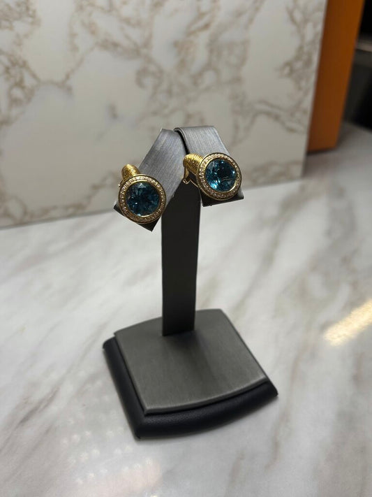 18KT YG BLUE TOPAZ BEZEL SET EARRINGS