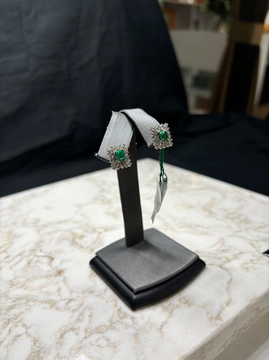 14KT WG 1/2TW EMERALD CUT EMERALDS W/DOUBLE HALO DIAMOND STUD EARRINGS