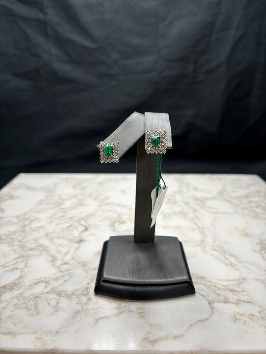 14KT WG 1/2TW EMERALD CUT EMERALDS W/DOUBLE HALO DIAMOND STUD EARRINGS