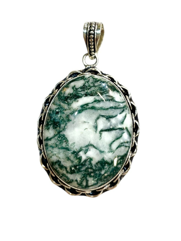 SS GREEN TREE AGATE OVAL BEZEL SET PENDANT NO CHAIN