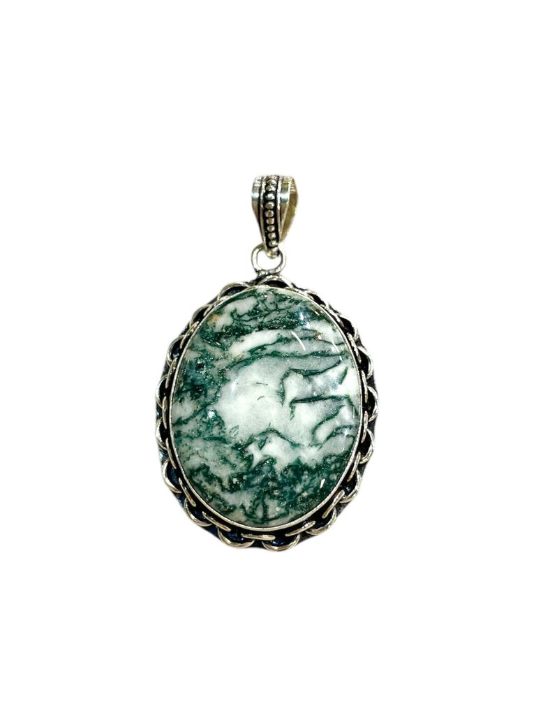 SS GREEN TREE AGATE OVAL BEZEL SET PENDANT NO CHAIN
