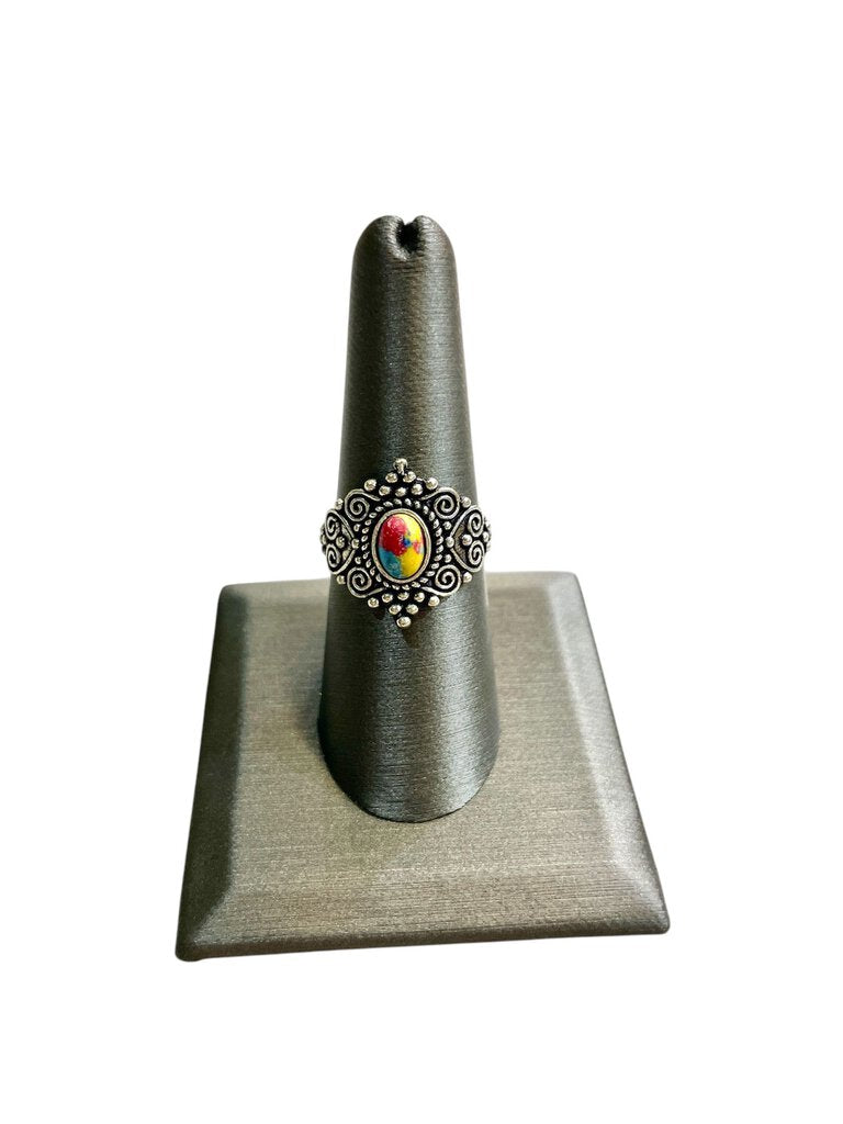 SS RAINBOW CALSILICA BEZEL SET BALI STYLE RING SZ 8