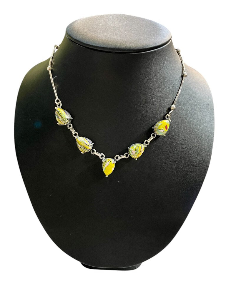 SS RAINBOW CALSILICA JASPER PEAR SHAPE STONES CHEVRON SHAPE NECKLACE
