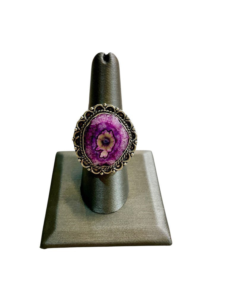 SS SOLAR QUARTZ BEZEL SET PURPLE RING SZ 8
