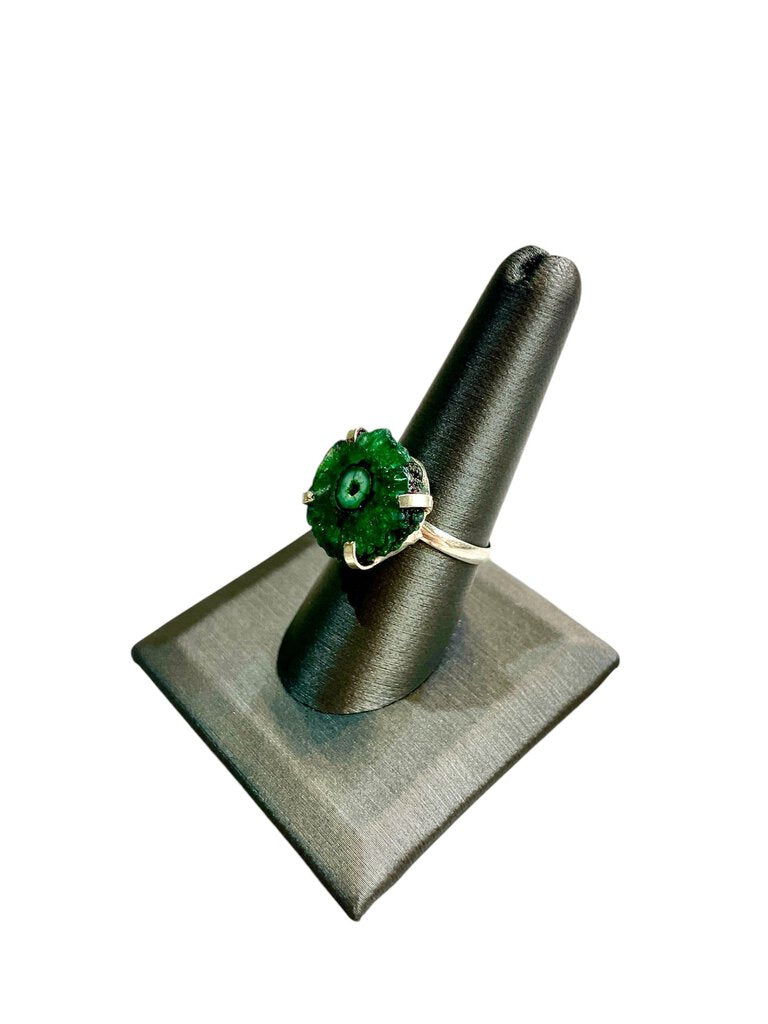 SS SOLAR QUARTX DARK GREEN STONE RING SZ 8