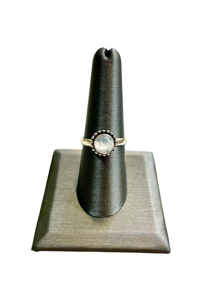 PLATED MOONSTONE W BEADED HALO RING SZ 8.5