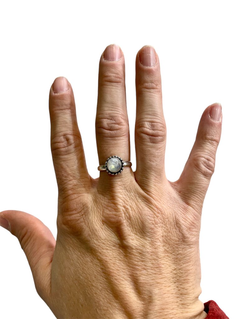 PLATED MOONSTONE W BEADED HALO RING SZ 8.5