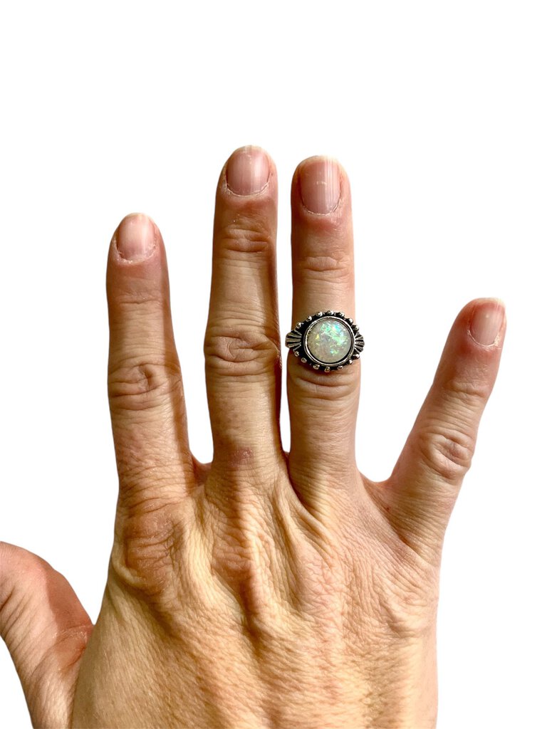 PLATED OPAL BEZEL SET BEADED DESIGN BAND SZ 6
