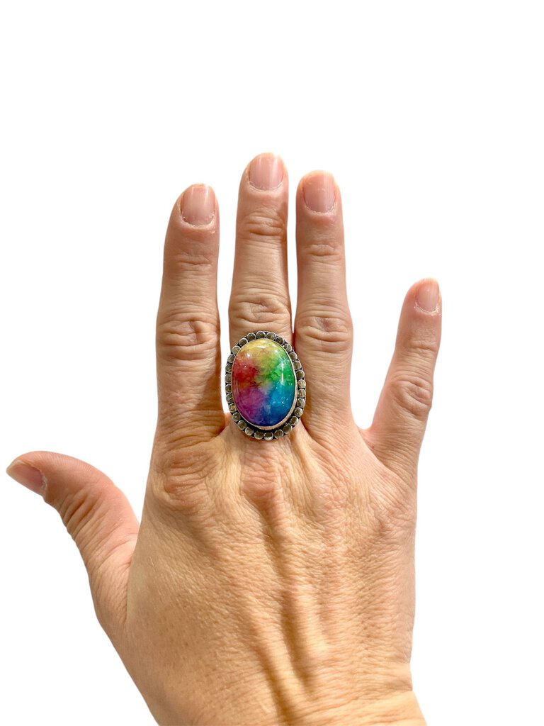 SS MULTI COLOR ENHANCED QUARTZ LARGE STONE BEADED HALO RING SZ 8.5