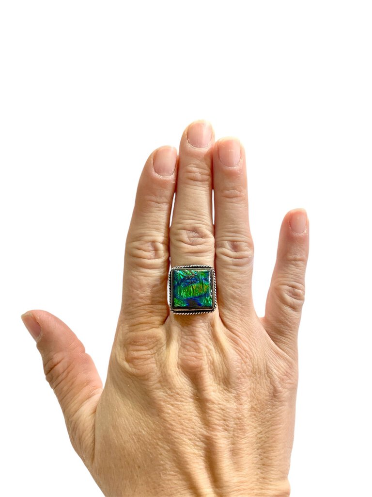 SS LARGE SQUARE BEZEL SET CREATED AMMONITE RING SZ 8