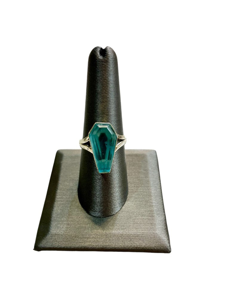 SS COFFIN CUT BLUE TOPAZ RING SZ 7