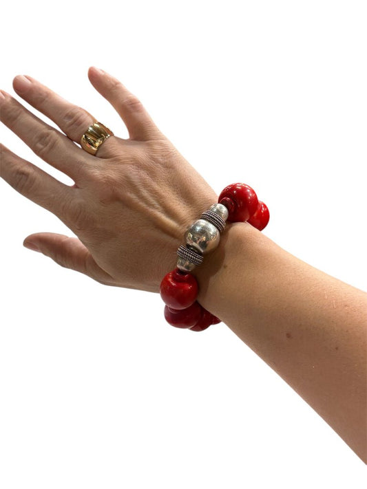 SS RED BEADS W/SILVER BEADS STRETCH BRACELET