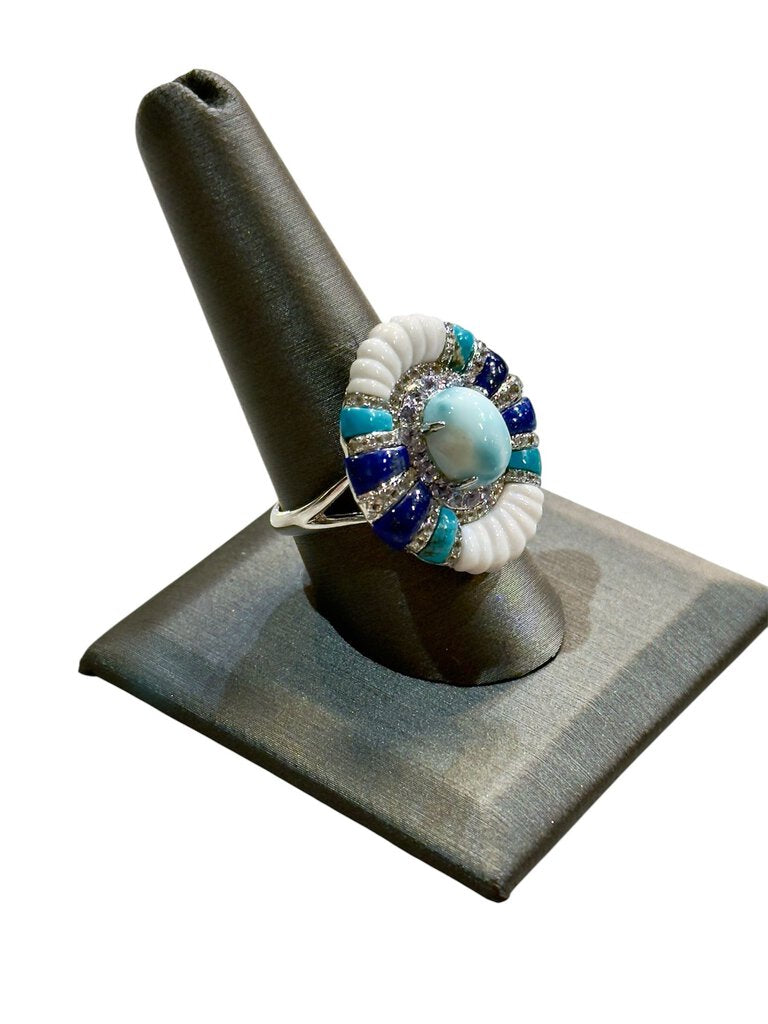 SS LARMAR CTR W/INLAY TURQ LAPIS HALO FASHION RING SZ 9