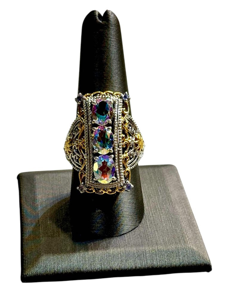 SS MULTI COLOR OVAL PPF TUTONE SCROLLING DESIGN RING SZ 9