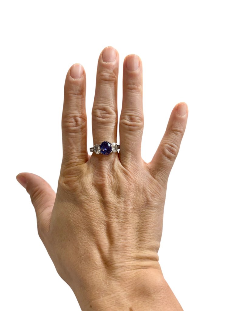 SS LARGE PURPLE CZ CTR OVAL W/CZ OVAL SIDES PPF RING SZ 9