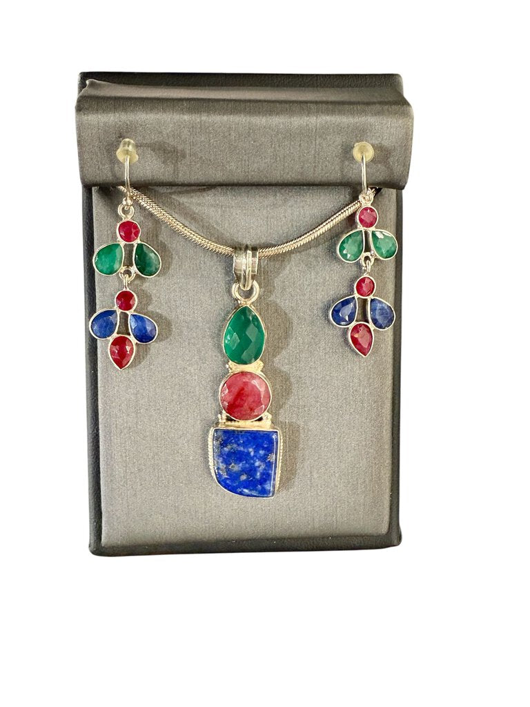 SS 3 STONE LAPIS RUBY EMERALD PENDANT ON 30" SNAKE CHAIN