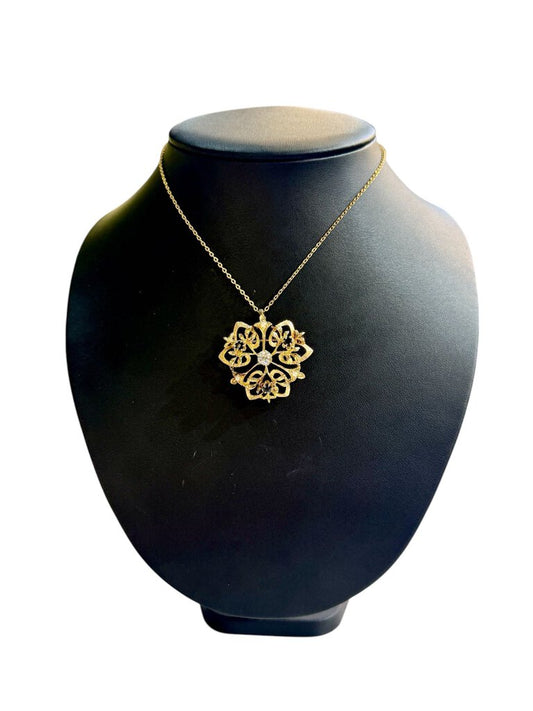 14KT LARGE PIN/PENDANT 1/2CT MINER DIA W/SAPPHIRE VINTAGE ON PLATED CHAIN