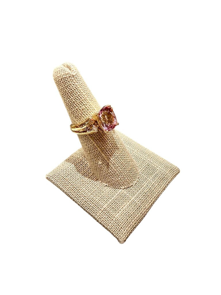 14KT YG LARGE PINK TOPAZ W/6RB SZ 7