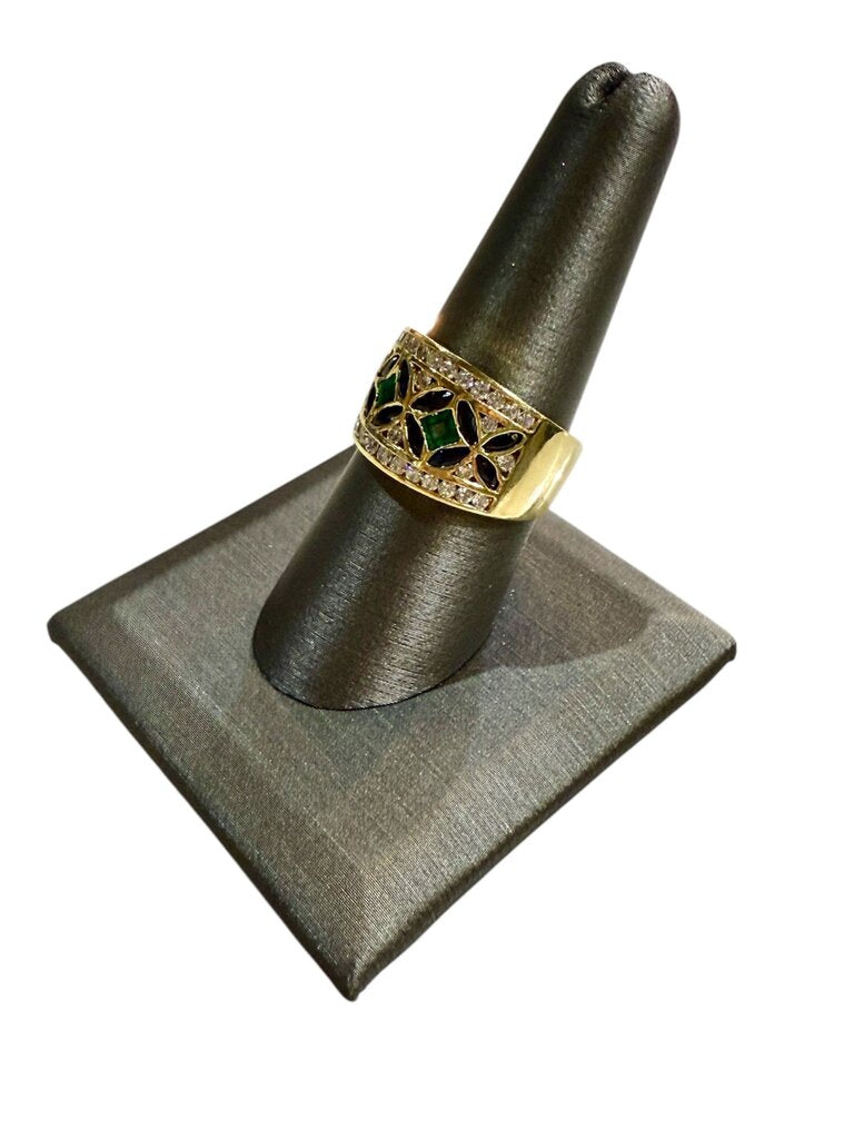 18KT YG SAPPHIRE EMERALD & DIAMOND RING W/APPRAISAL UNIVERSAL SHANK