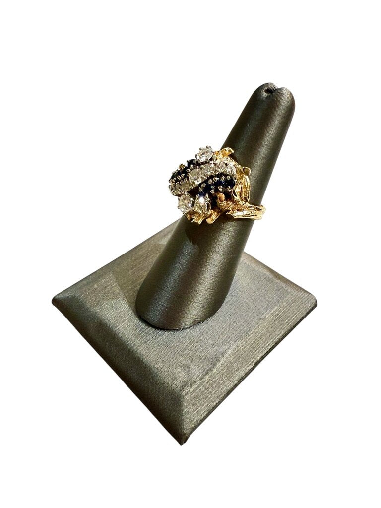 14KT YG BRANCH STYLE CLUSTER DIAMOND & SAPPHIRE 1TW RING SZ 6