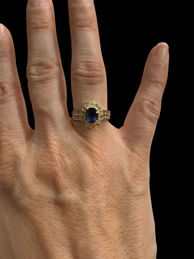 18KT YG SAPPHIRE CTR W/DIA HALO 1/2TW SZ 6