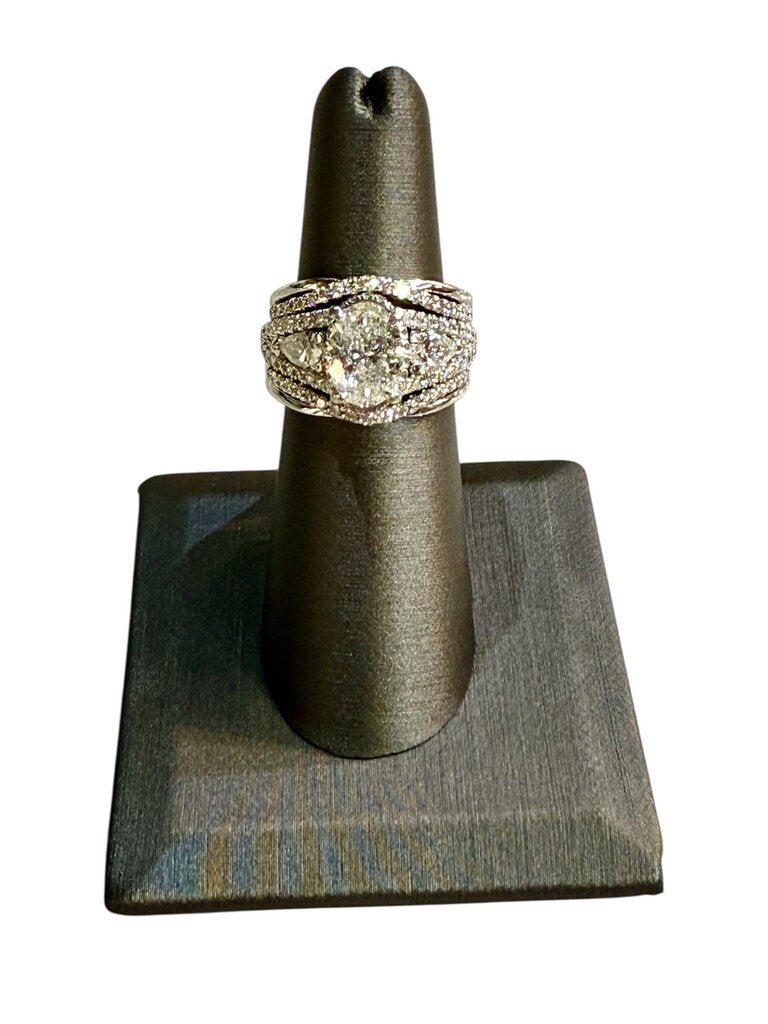 14KT WG 2CT NATURAL OVAL DIAMOND W/PAPERS PEAR SHAPE SIDE DIA &RB PAVE ON BAND EURO SHANK SZ7