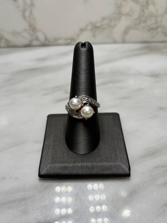 PLAT 2 PEARL BYPASS DESIGN RING W/MELEE SZ 8.75