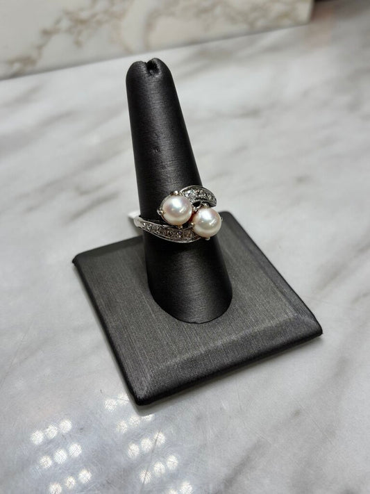 PLAT 2 PEARL BYPASS DESIGN RING W/MELEE SZ 8.75