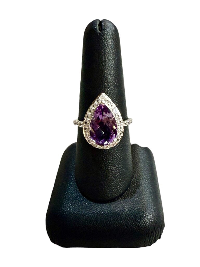 SS LARGE PEAR SHAPE AMETHYST CTR W/WHT TOPAZ HALO SZ 8.5