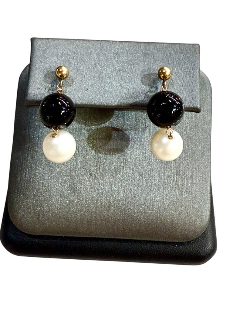 14KT YG FWP / ONYX DANGLE EARRINGS