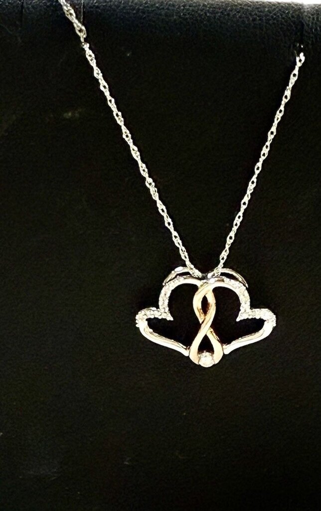 SS/RG PLATE W/MELEE DOUBLE HEART PENDANT ON 18" CHAIN