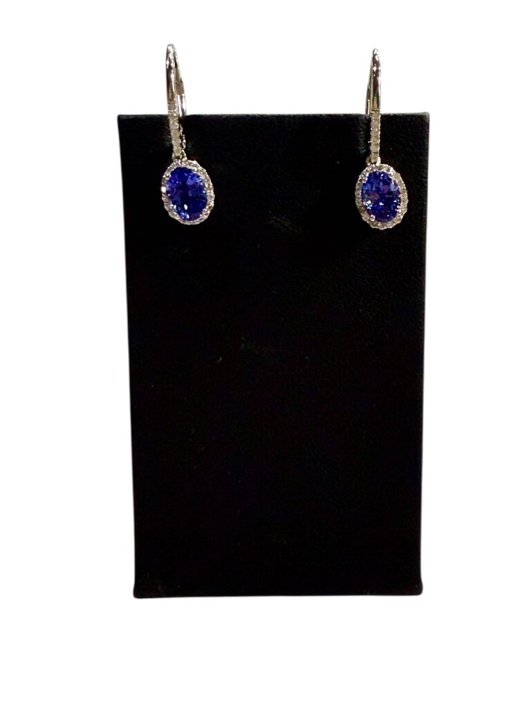 14KT WG OVAL TANZANITE HALO LEVER BACK EARRINGS