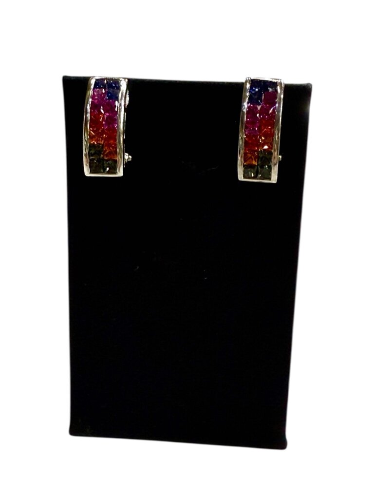 SS MULTI COLOR GEM STONE CHANNEL SET OMEGA BACK EARRINGS