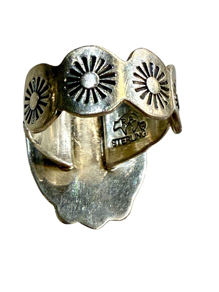 SS NAVAJO "RUNNING BEAR" TURQ BEZEL SAET CTR W/SUN DESIGN BAND SZ 7
