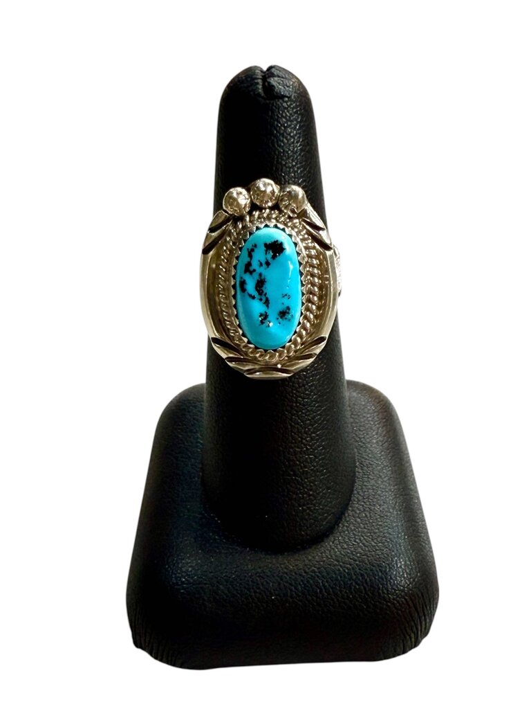 SS NAVAJO "RUNNING BEAR" TURQ BEZEL SAET CTR W/SUN DESIGN BAND SZ 7