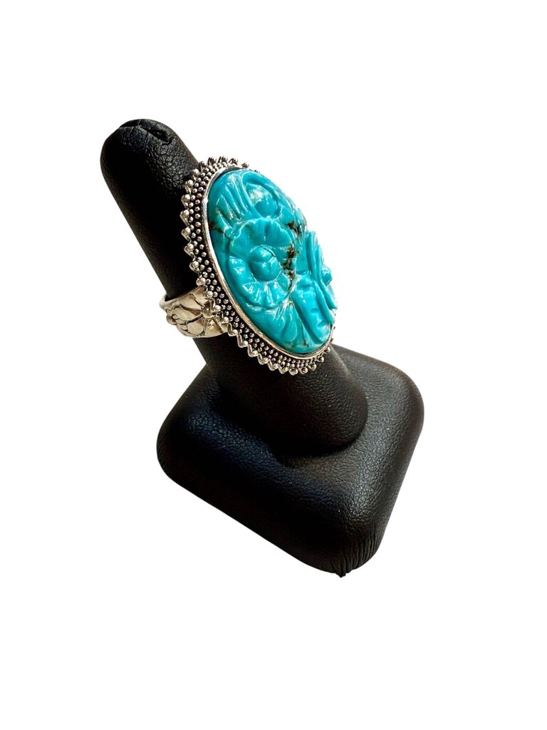 SS LARGE CARVED STONE FLOWER BEZEL SET WITH BEADED HALO SZ 7