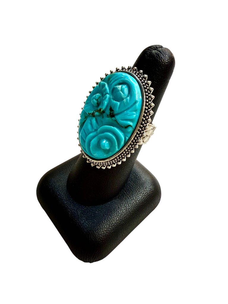 SS LARGE CARVED STONE FLOWER BEZEL SET WITH BEADED HALO SZ 7