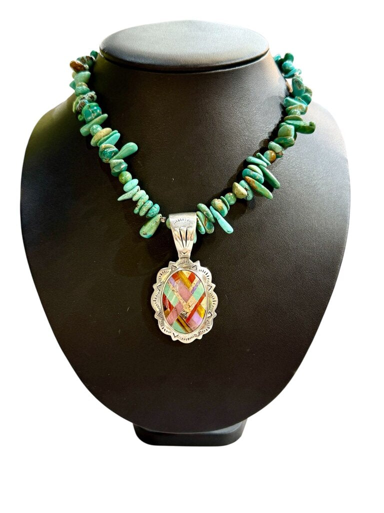 SS LARGE OVAL INLAY DESIGN PENDANT ON TURQ NECKLACE 26"