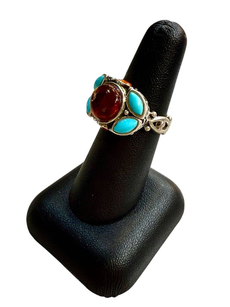 SS CAB AMBER BEZEL SET W/TURQ ON BAND SZ 6.75