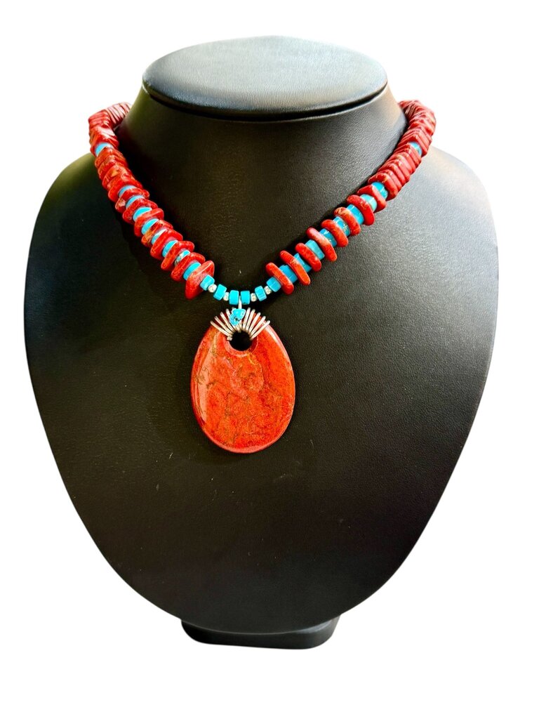 SS CORAL & TURQ NAVAJO " RUNNING BEAR" NECKLACE