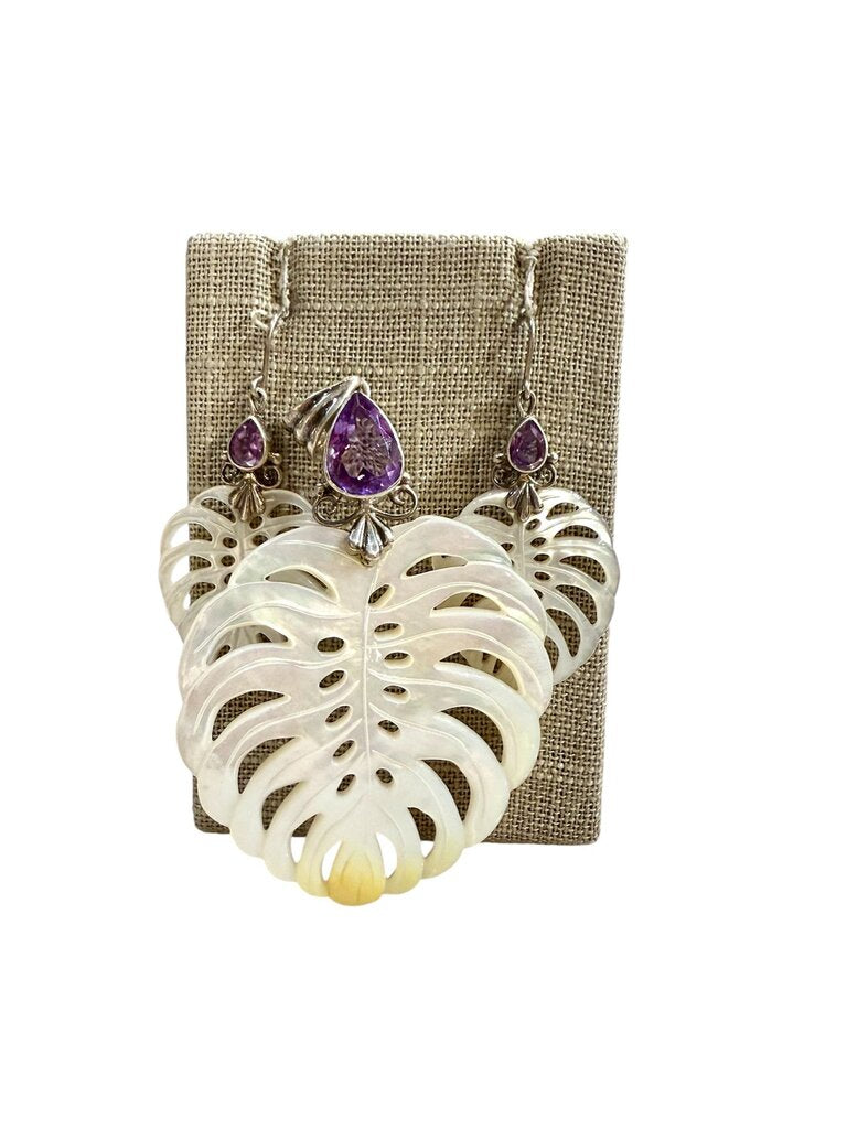 SS PEAR SHAPE AMETHYST W/ MOP LEAVES DESIGN PENDANT/EARRING SET