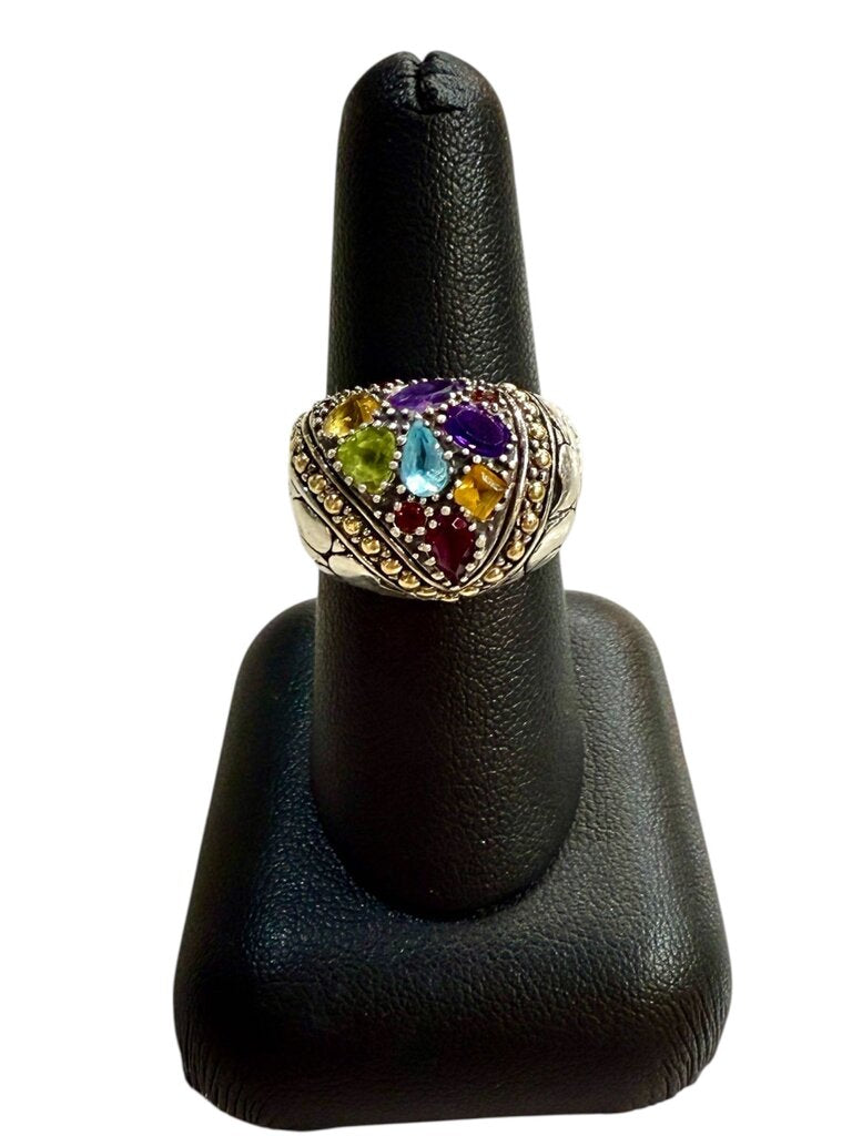 SS/18KT ROBERT MANSE MULTI COLOR STONES DOME SHAPE RING SZ 7.5