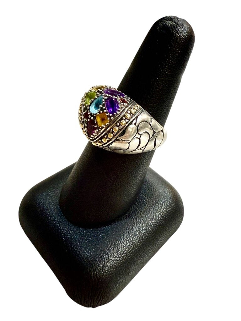 SS/18KT ROBERT MANSE MULTI COLOR STONES DOME SHAPE RING SZ 7.5