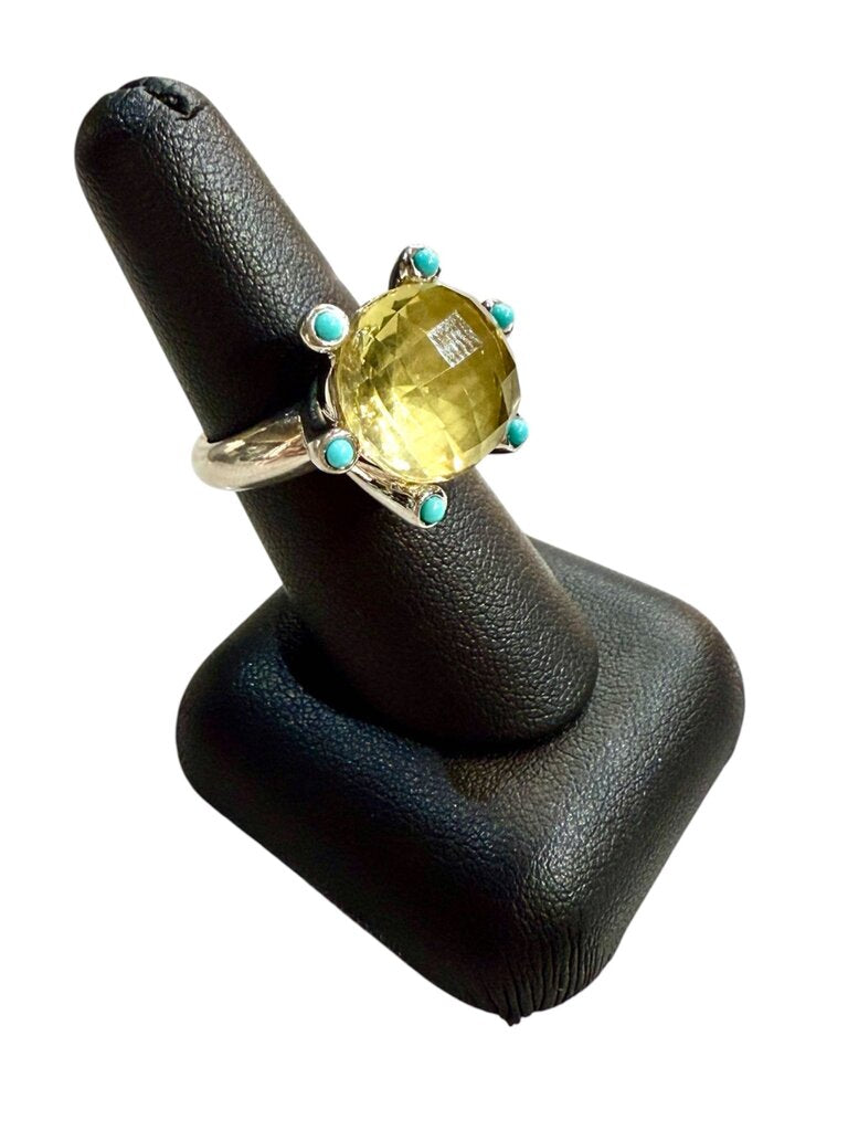 SS LEMON QUARTZ W/HALO TURQ RING SZ 7