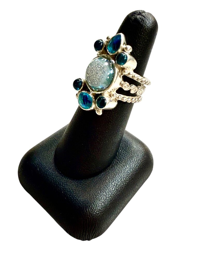 SS DRUZY BEZEL SET CTR W/ PEACOCK QUARTZ CAB TOPAZ STONES ADJUSTABLE BAND SZ 6