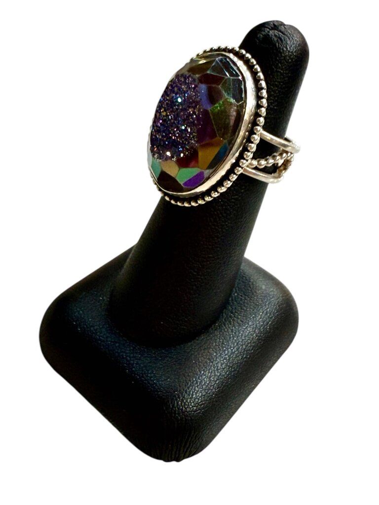 SS LG OVAL DRUZY QUARTZ BEZEL SET ADJUSTABLE BAND SZ 5.5
