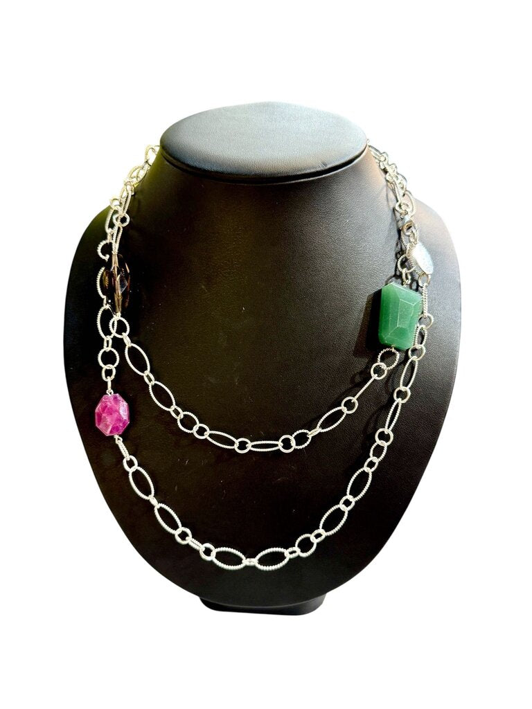 SS LONG NECKLACE W/RUBY&EMERALD SMOKEY QUARTZ