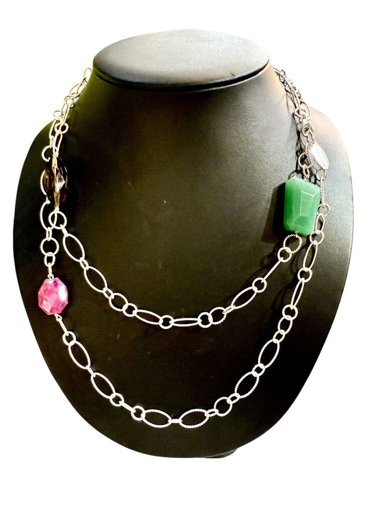 SS LONG NECKLACE W/RUBY&EMERALD SMOKEY QUARTZ