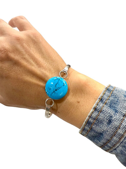 SS LARGE TURQ BEZEL SET HOOK STYLE BANGLE BRACELET