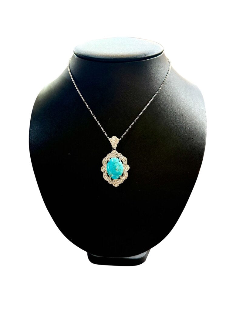 SS CAB TURQ CTR W/FILIGREE & WHT SAPHIRE HALO PENDANT ON CHAIN